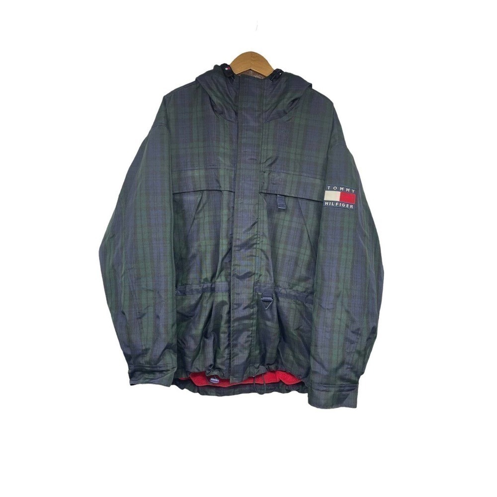 Tommy Hilfiger Jacket Men Large Plaid Fleece Lined Winter Coat Heavy Vintage 90s